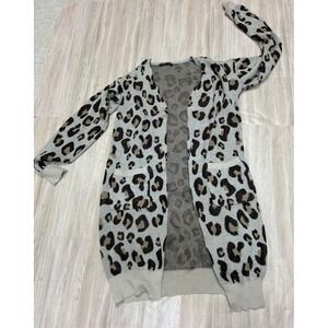 SHEIN Womens Leopard Print Open Front Longline Cardigan Sweater Tan Brown Small